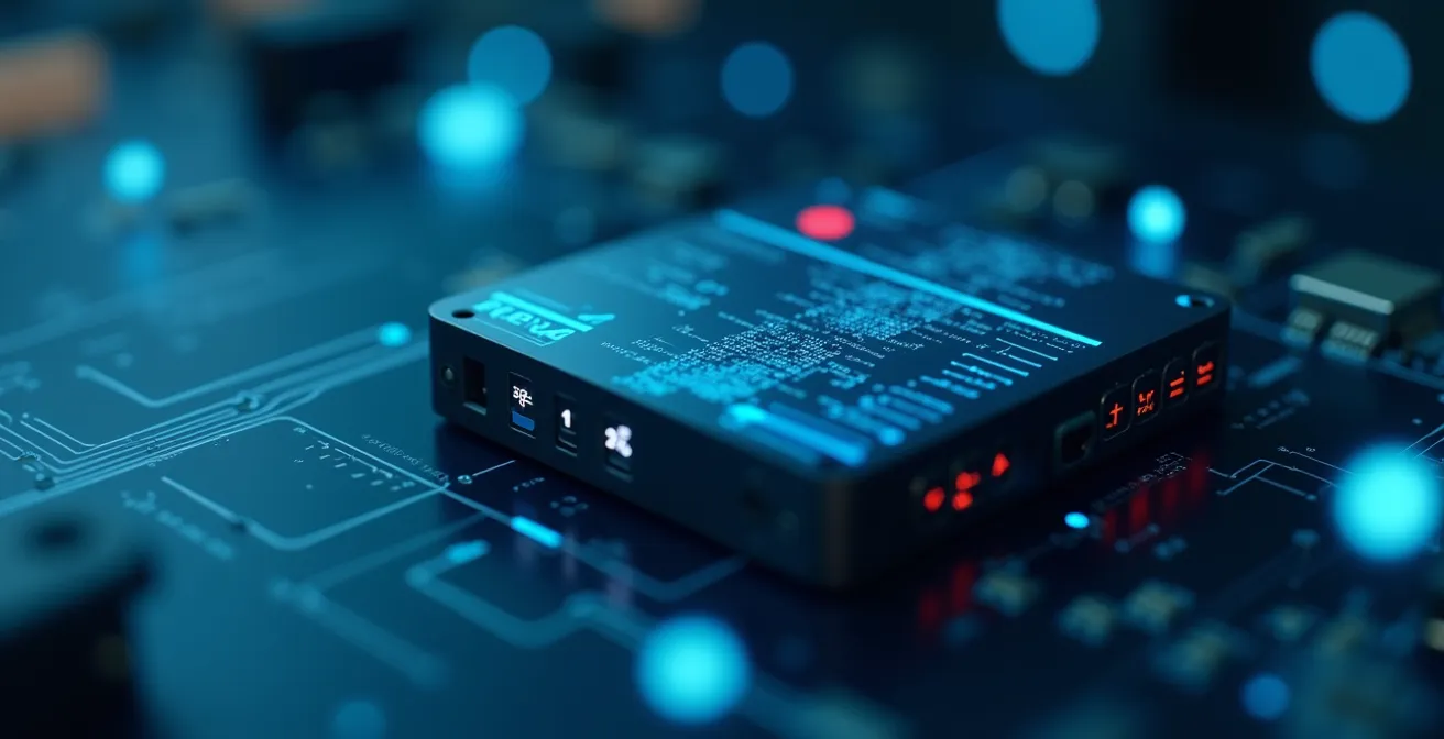 Close-up of a smart battery management system with AI data analytics interface