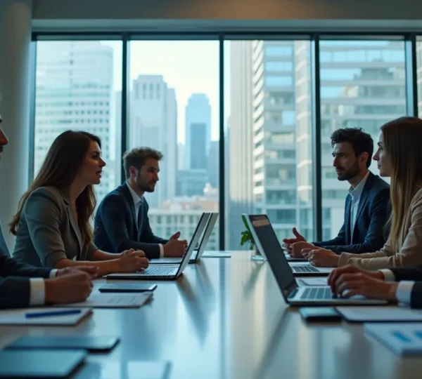 Business professionals collaborating around a modern workspace with analytical data visualization in the background