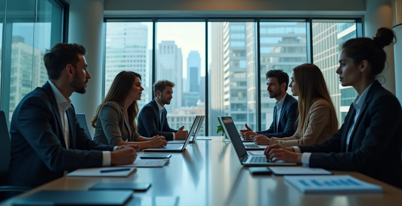 Business professionals collaborating around a modern workspace with analytical data visualization in the background