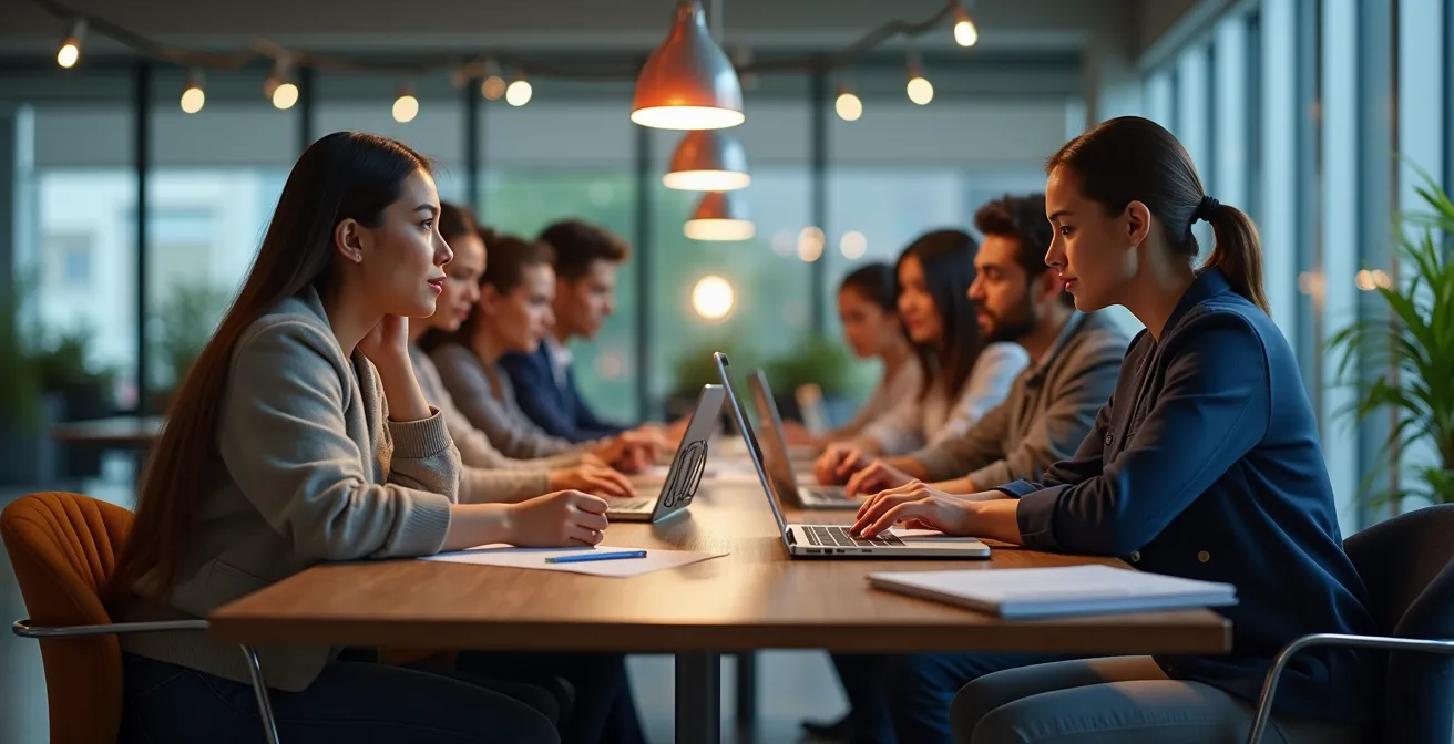 Diverse professionals engaged in collaborative learning session with data visualization tools and modern training environment