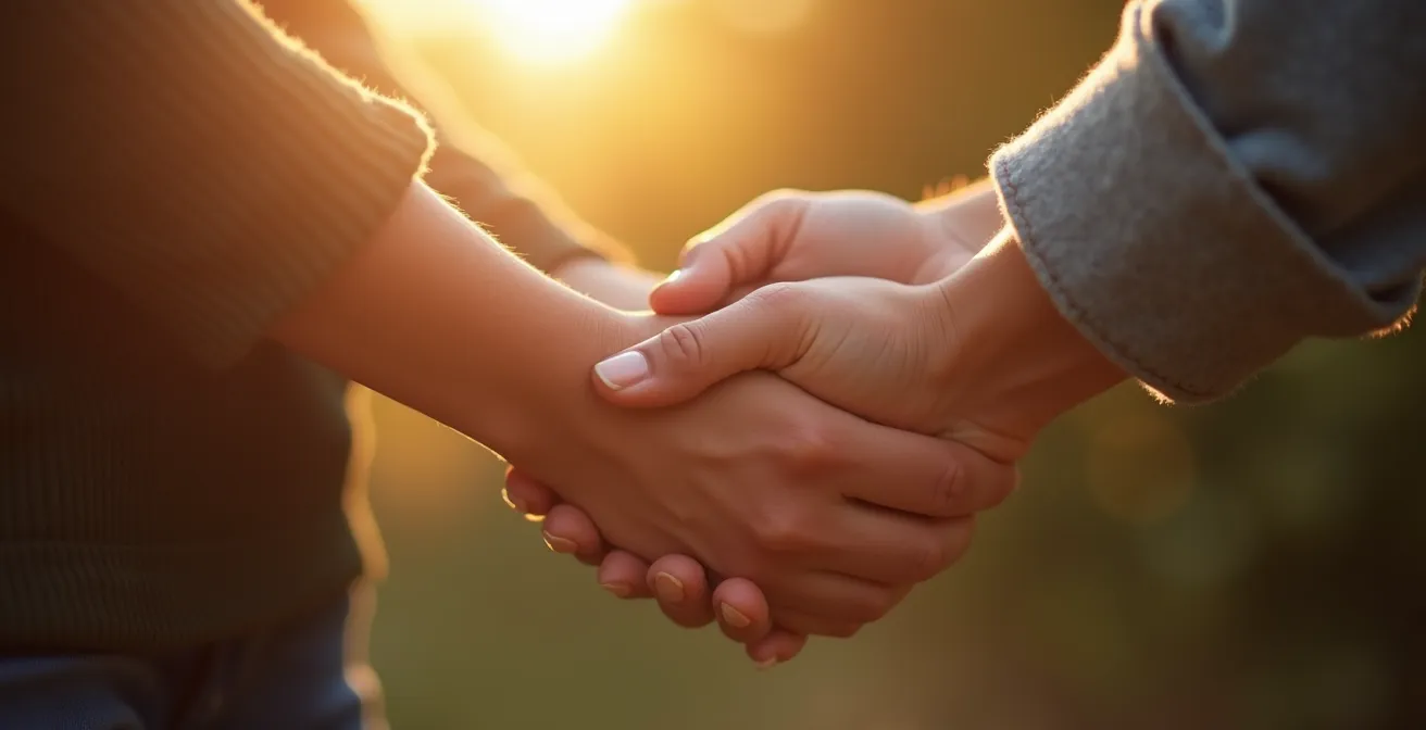 Close-up photo of two hands holding supportively representing emotional support during ACL recovery