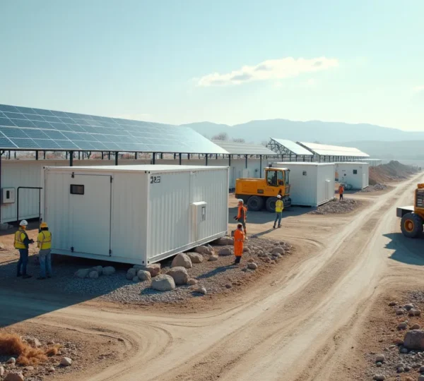 A construction job site powered by an intelligent, modular battery storage system integrated with renewable energy sources