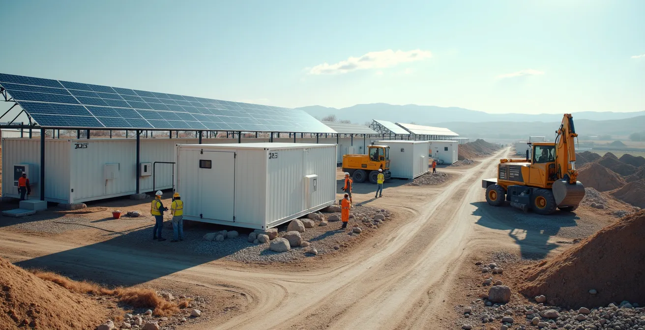 A construction job site powered by an intelligent, modular battery storage system integrated with renewable energy sources