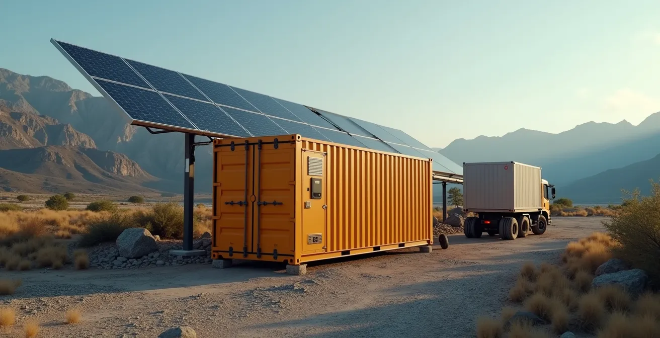 Mobile battery storage unit connected to solar array at a remote job site