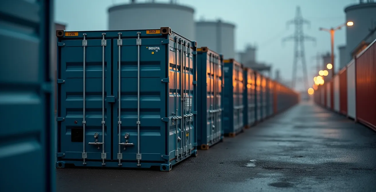 Modular battery storage containers arranged to scale for various power needs