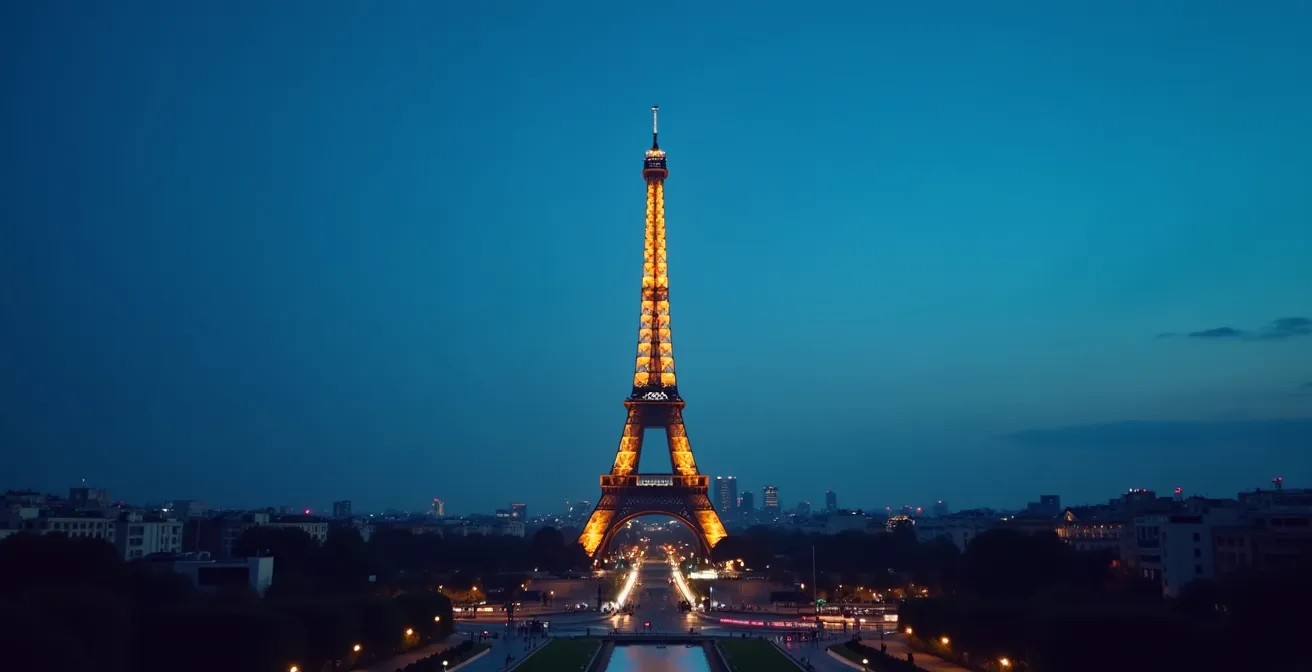 Paris monuments during blue hour showing both architectural details and illuminations