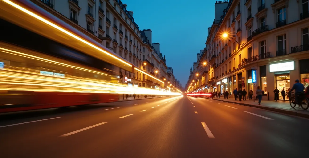 Time-lapse photography showing continuous movement along illuminated Paris boulevard