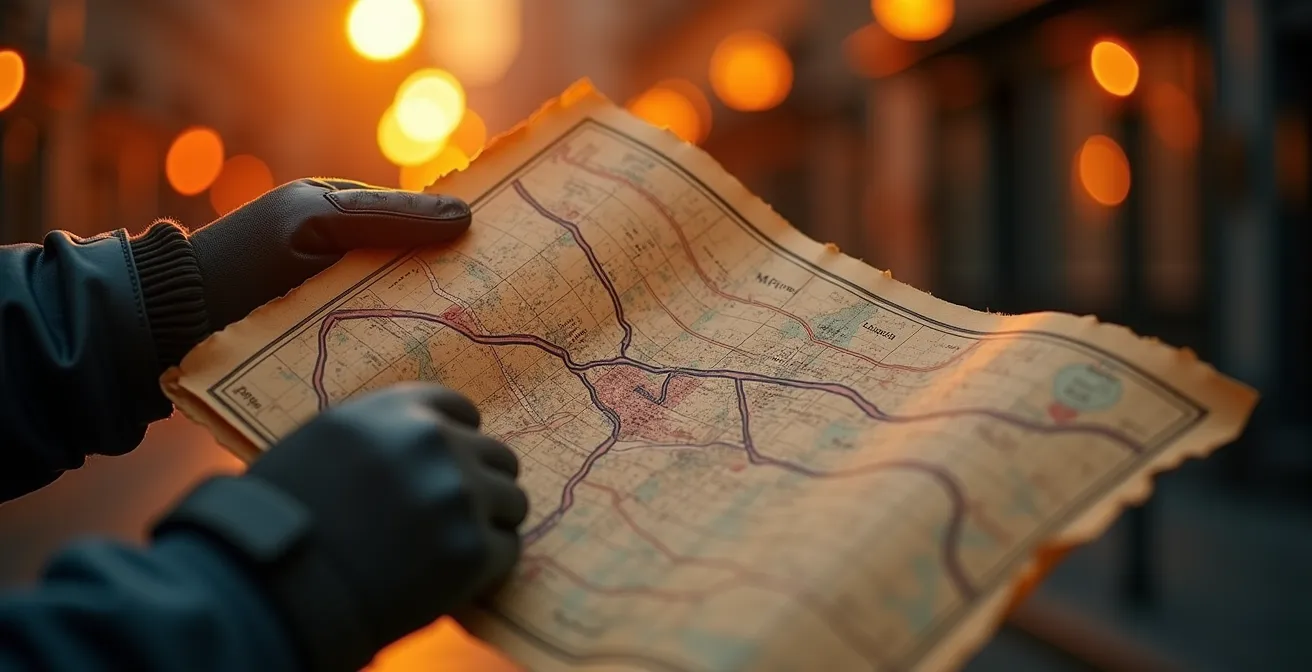 Close-up of hands holding an illuminated vintage map with golden light reflections