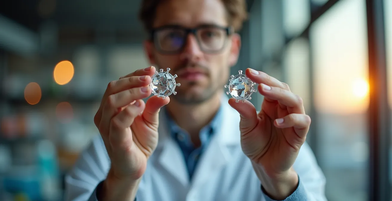 Researcher examining oligosaccharide molecular models through specialized equipment