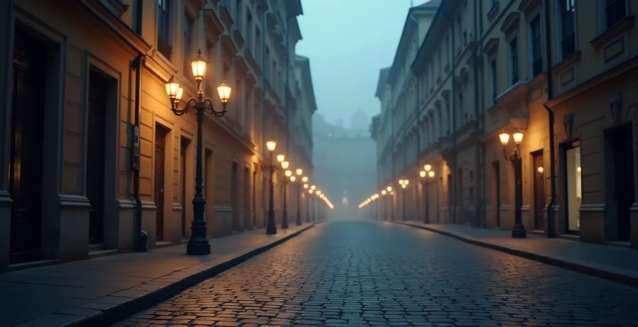 Wide environmental shot of illuminated Parisian street with negative space