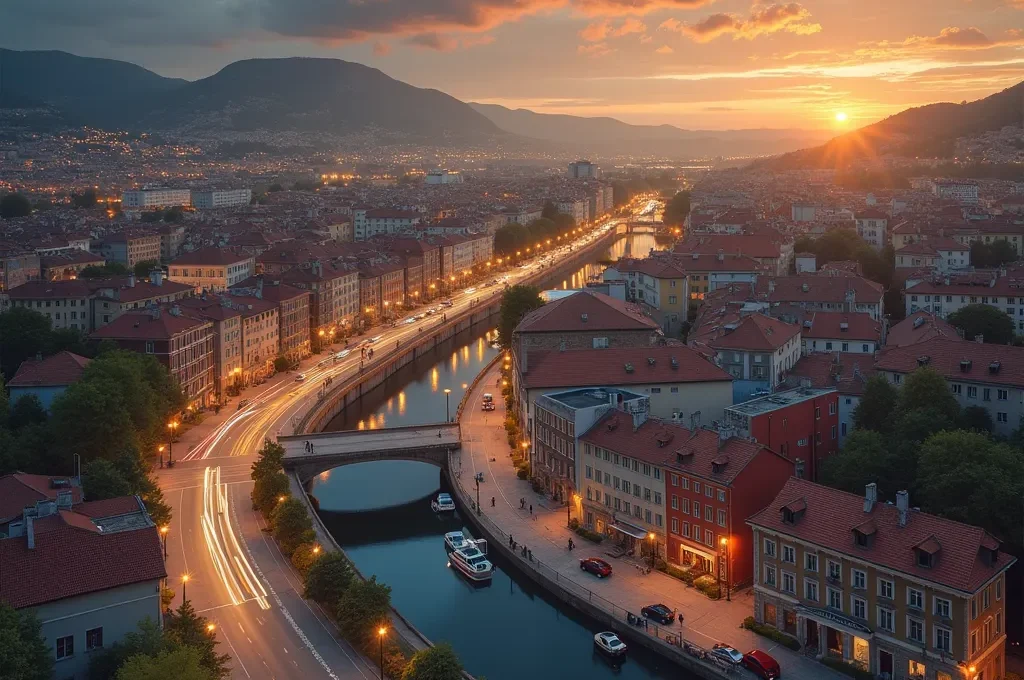 Passenger hands holding warm drink while viewing Christmas lights through bus window