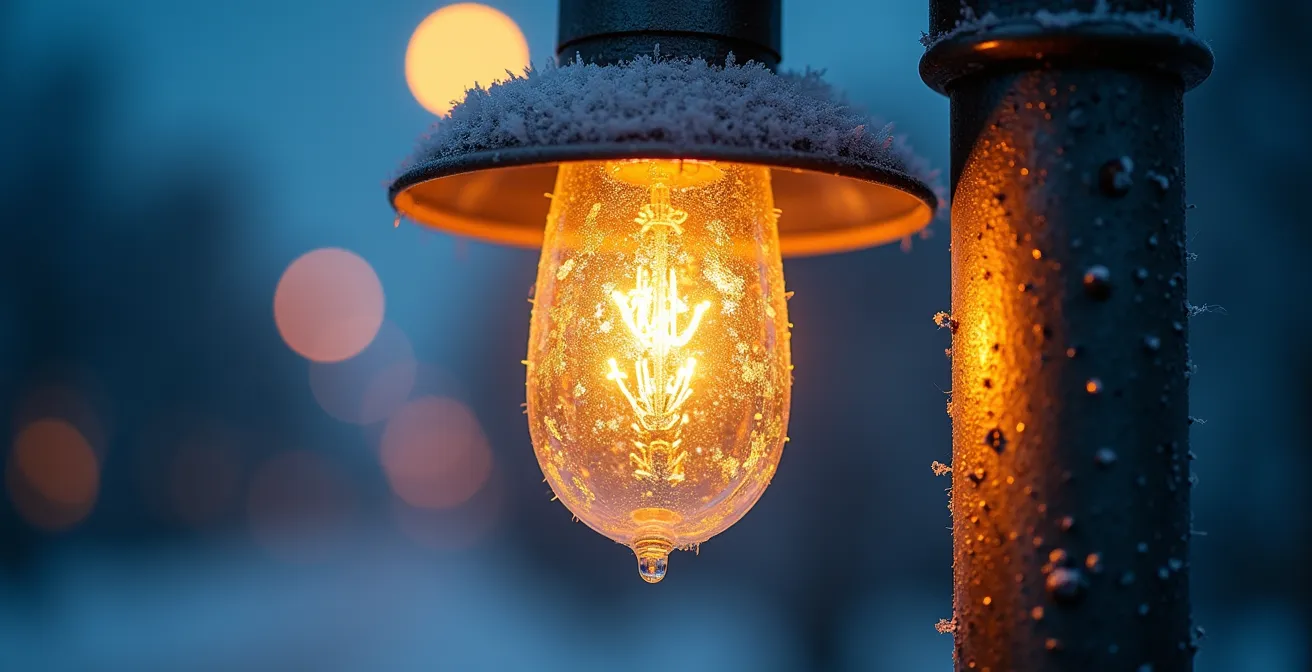 Macro detail of frost crystals on lamp post with golden light diffusion