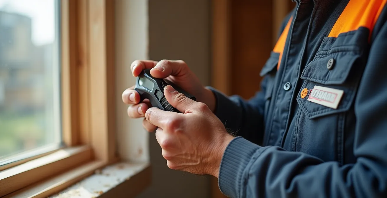 Professional window installer examining certification documents and measuring frame