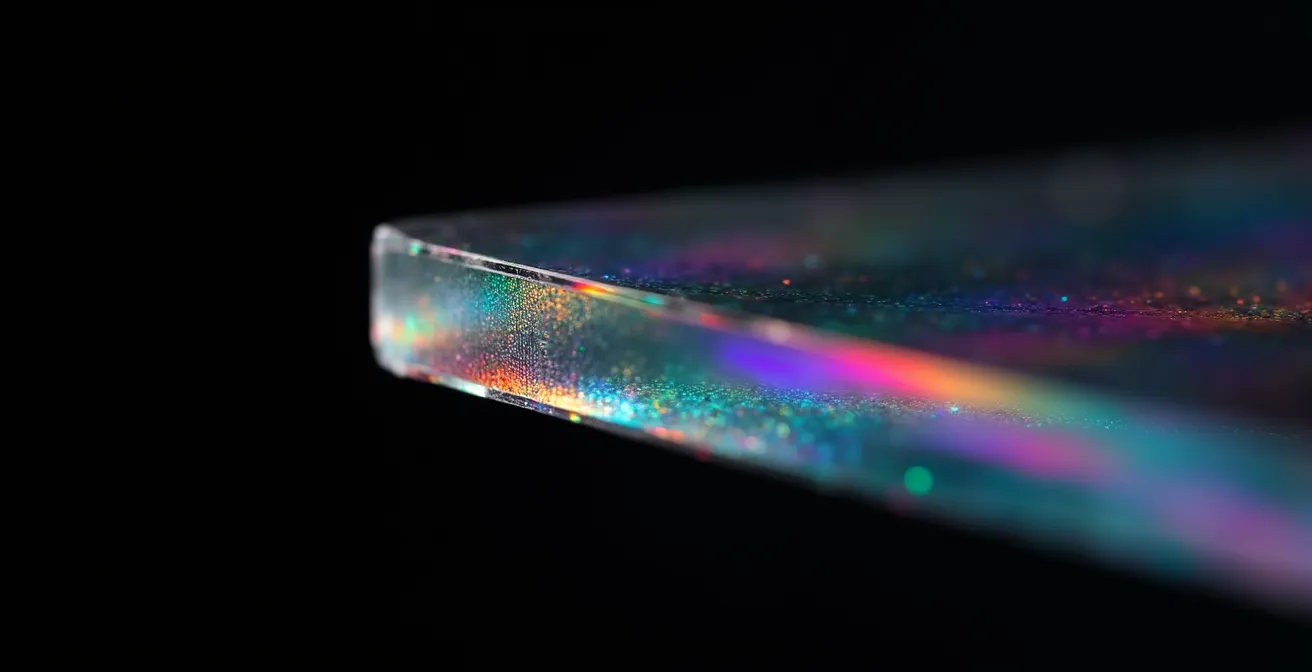 Extreme close-up of low-emissivity coating layers on glass surface