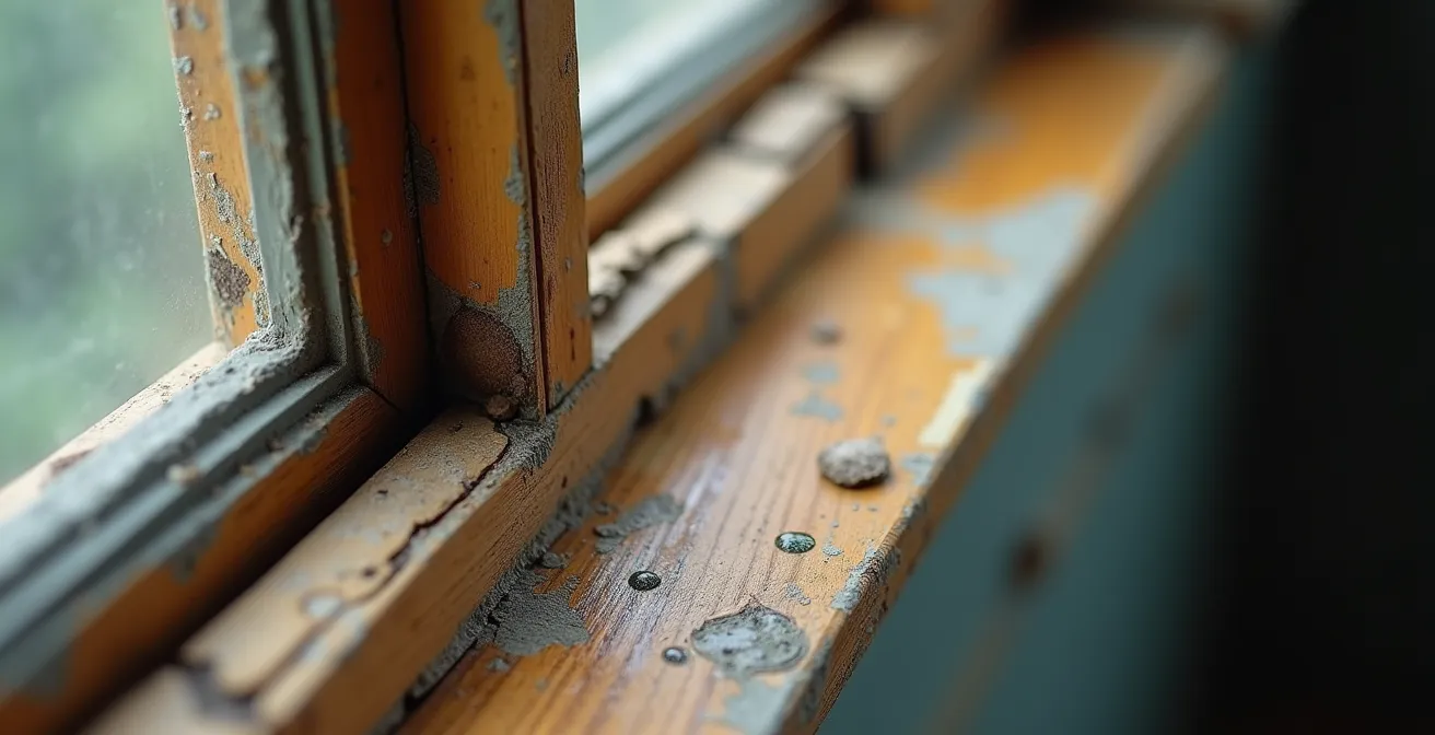 Split view showing moisture damage on old window frame versus pristine new window installation