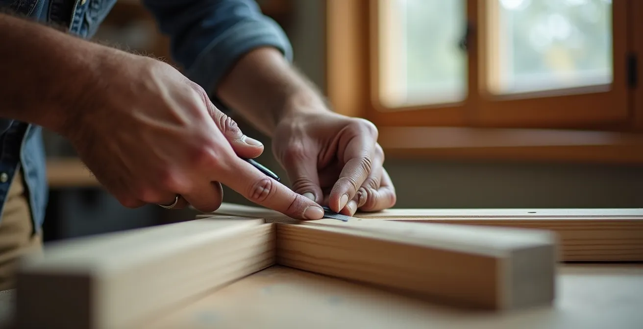Professional examining window frame with measuring tools in bright natural light