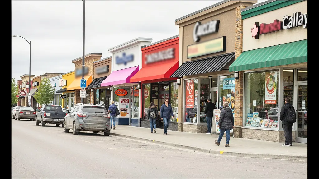 Calgary commercial street with multiple storefronts showing foot traffic near visible commercial signage