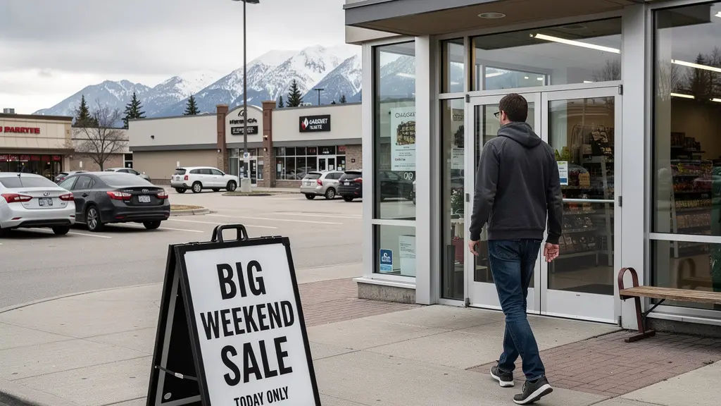 Customer approaching Calgary strip mall storefront with commercial signage visible from street
