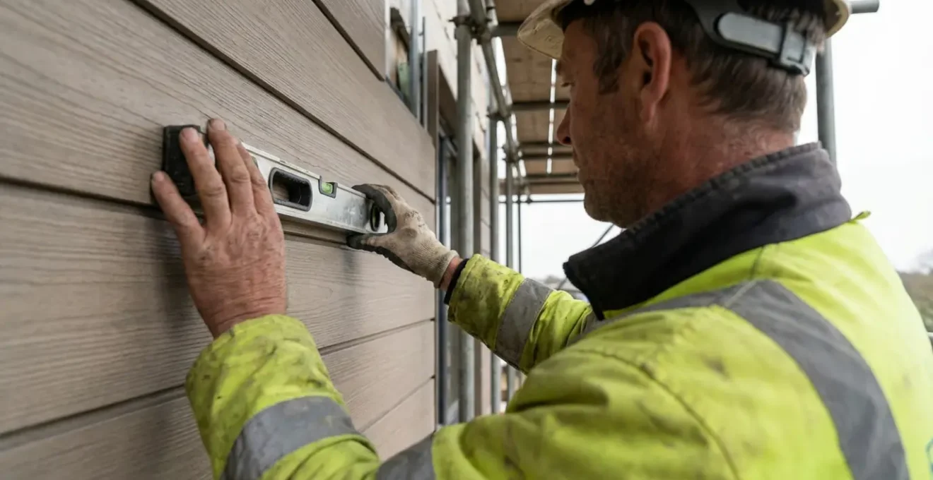 Construction professional inspecting WPC cladding panel installation