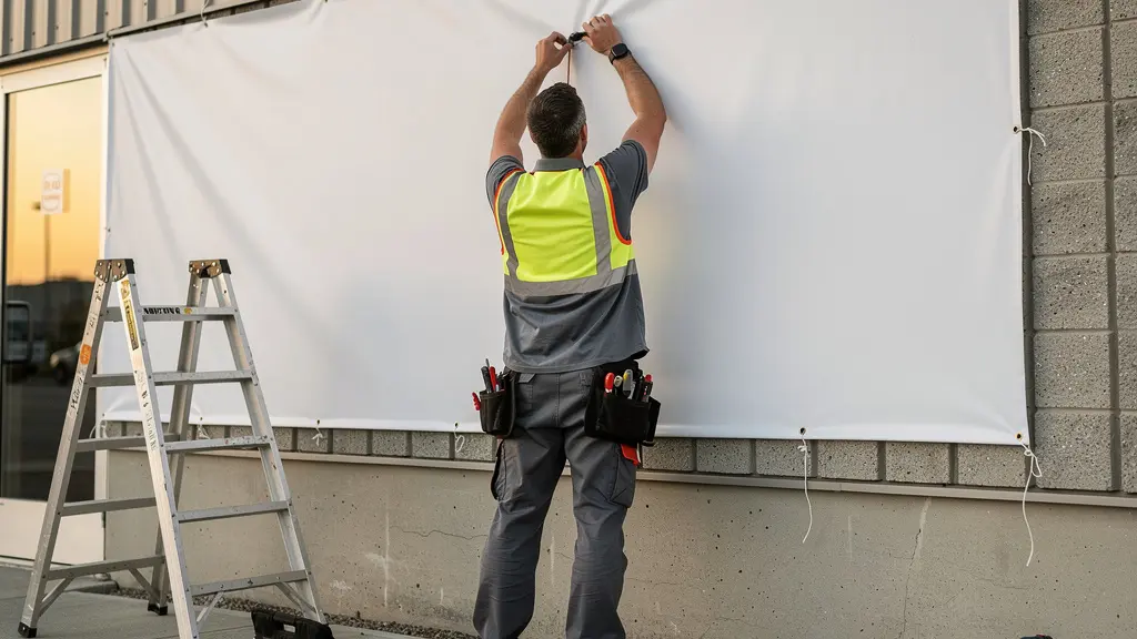 Sign installation technician adjusting temporary banner for commercial signage project