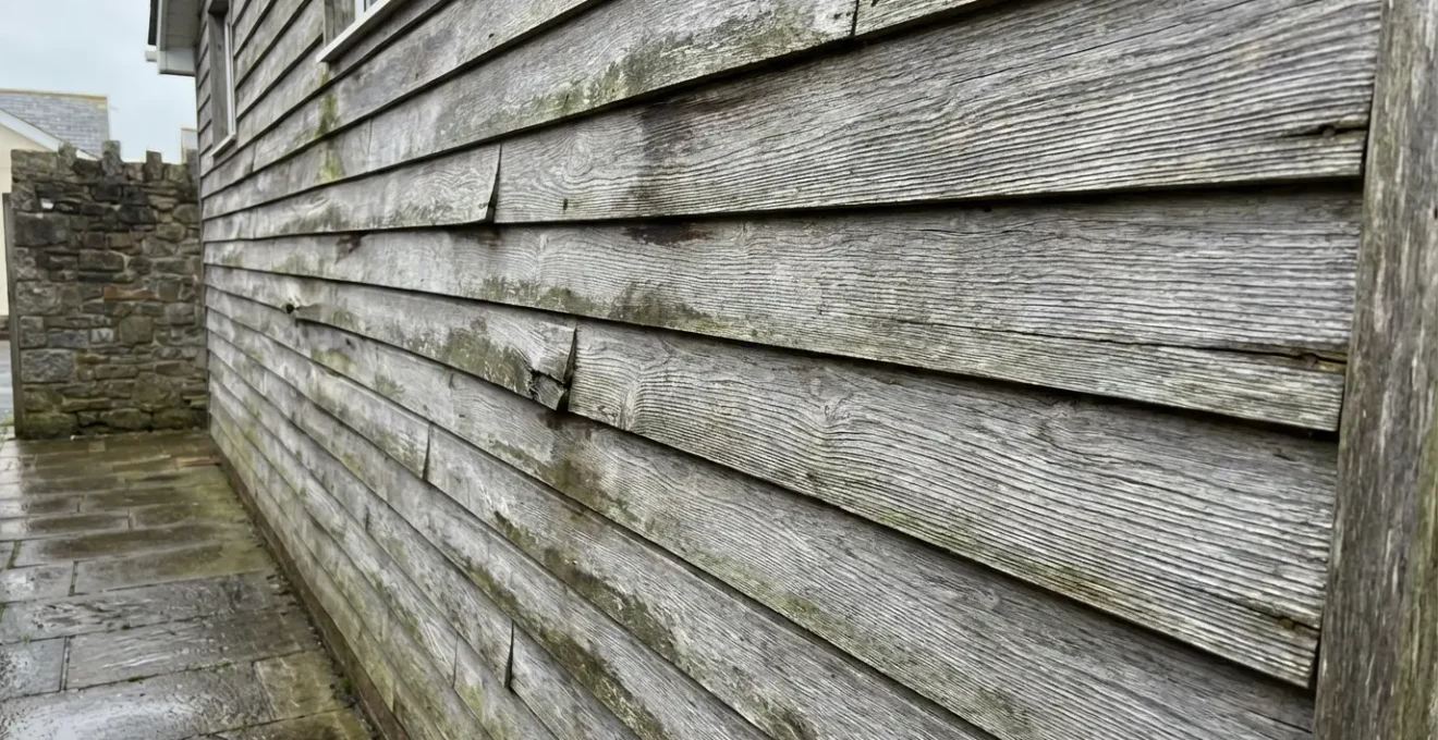 Weathered timber cladding showing moisture damage typical of UK climate