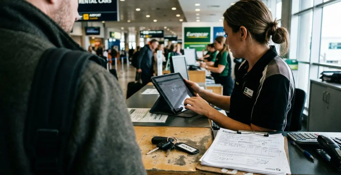 Staff member at car rental counter handling tablet with keys on desk, customer partially visible from behind