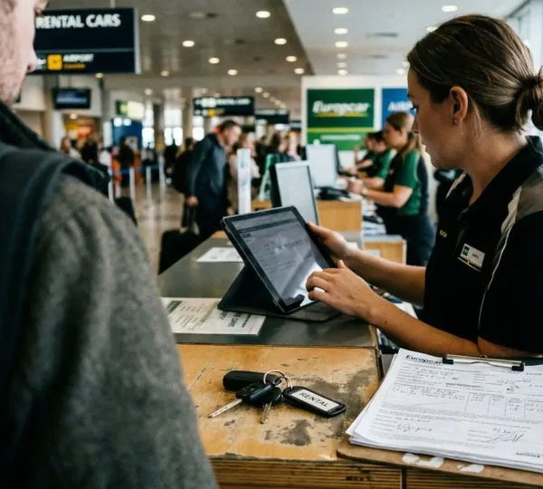 Staff member at car rental counter handling tablet with keys on desk, customer partially visible from behind
