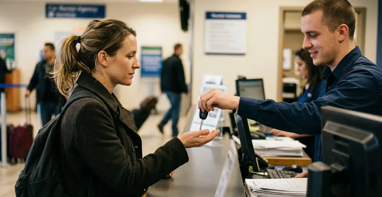 Customer receiving car keys at rental desk, side angle showing key handover moment with slight motion blur