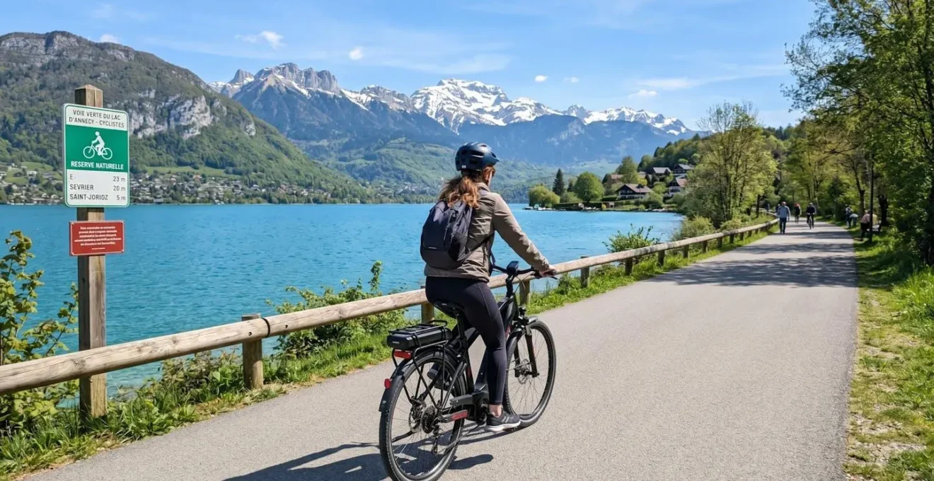 Un cycliste de dos sur un vélo électrique longe la piste cyclable au bord du lac d'Annecy, avec les montagnes alpines en arrière-plan sous une lumière matinale douce