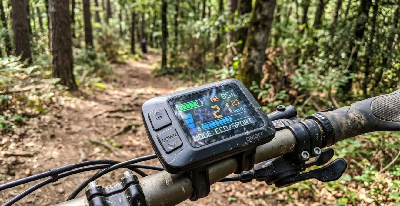 Gros plan sur le compteur digital d'un vélo électrique affichant le niveau de batterie et le sélecteur de mode d'assistance, avec une main floue en arrière-plan dans un environnement naturel lumineux