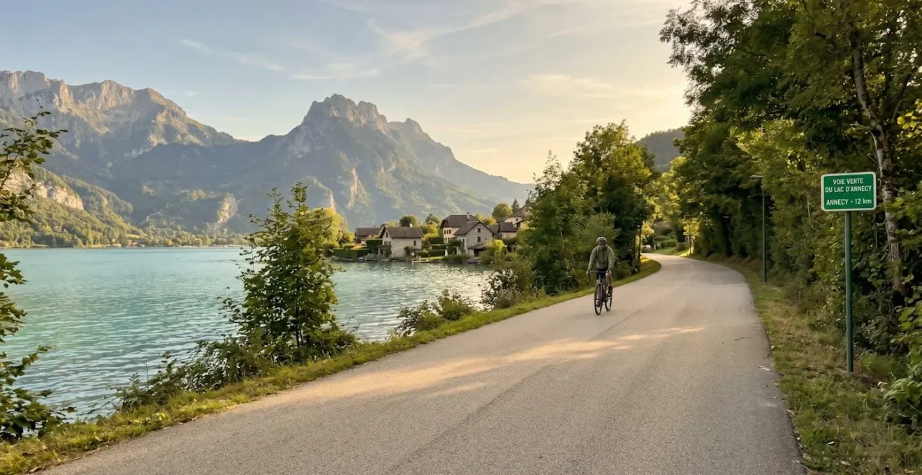 Vue large de la piste cyclable au bord du lac d'Annecy presque vide au petit matin, avec les montagnes alpines dans le lointain sous une lumière dorée naturelle