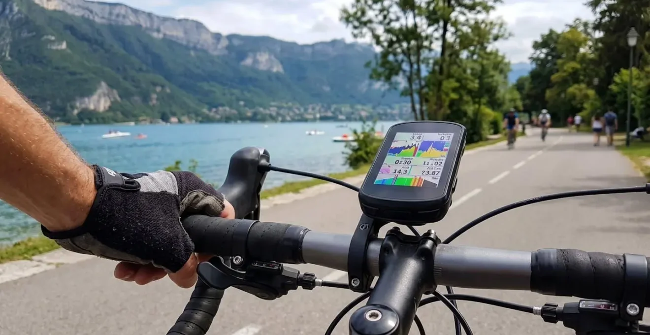 Cycling computer mounted on bicycle handlebar displaying speed reading during lakeside ride