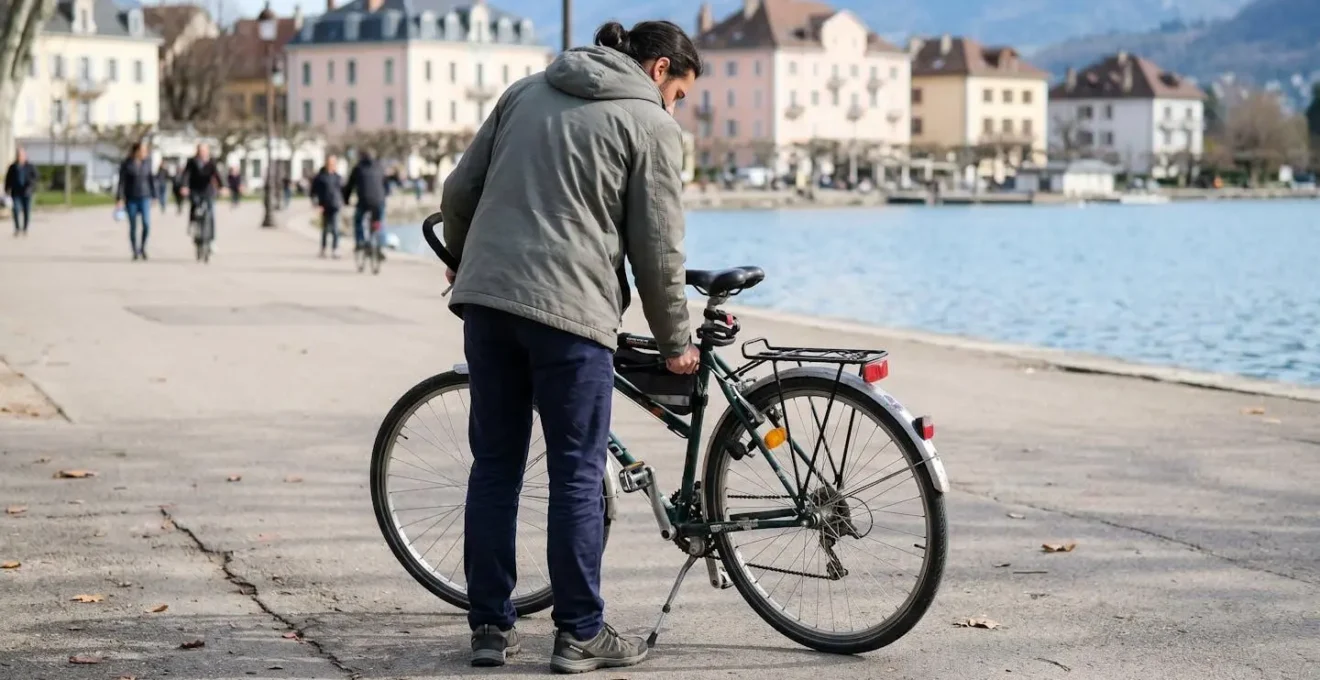 Cyclist viewed from behind adjusting comfort touring bicycle handlebars before Lake Annecy greenway ride