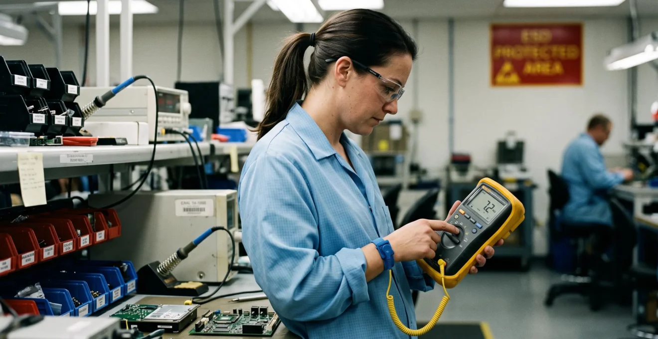 Quality control technician using handheld ESD tester device to verify functionality of anti-static wrist strap