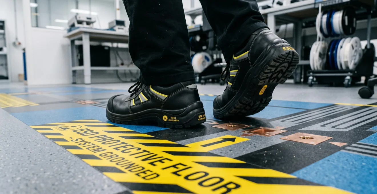 Close-up of technician's hand connecting coiled ESD wrist strap to grounding point on anti-static workbench mat