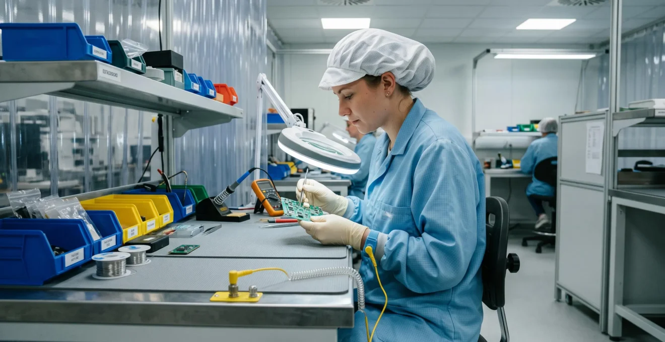 Electronics technician wearing ESD wrist strap and protective smock handling printed circuit board at grounded workstation in cleanroom