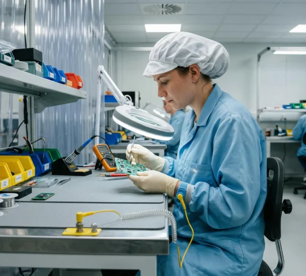 Electronics technician wearing ESD wrist strap and protective smock handling printed circuit board at grounded workstation in cleanroom